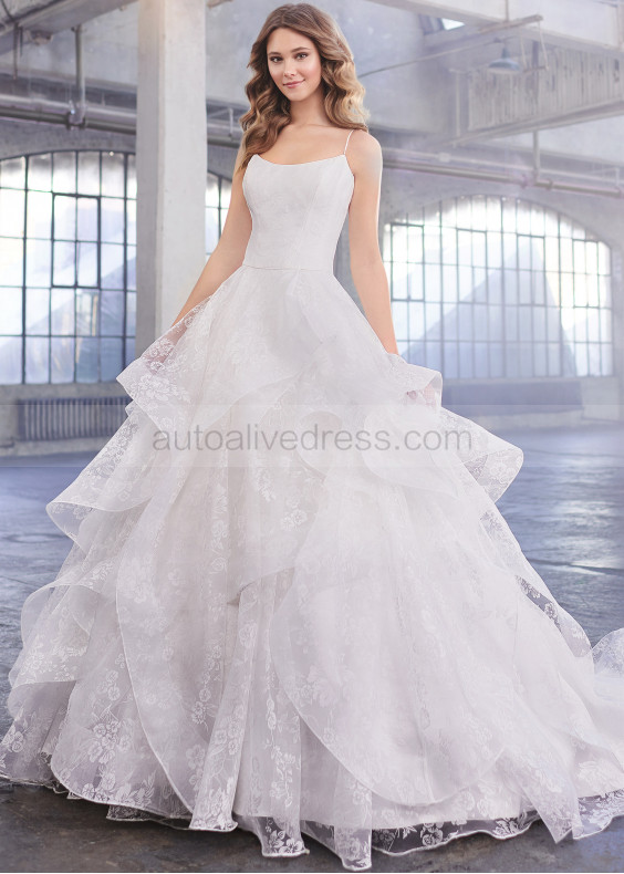 White Printed Organza Tiered Ruffle Wedding Dress With Horsehair Trim
